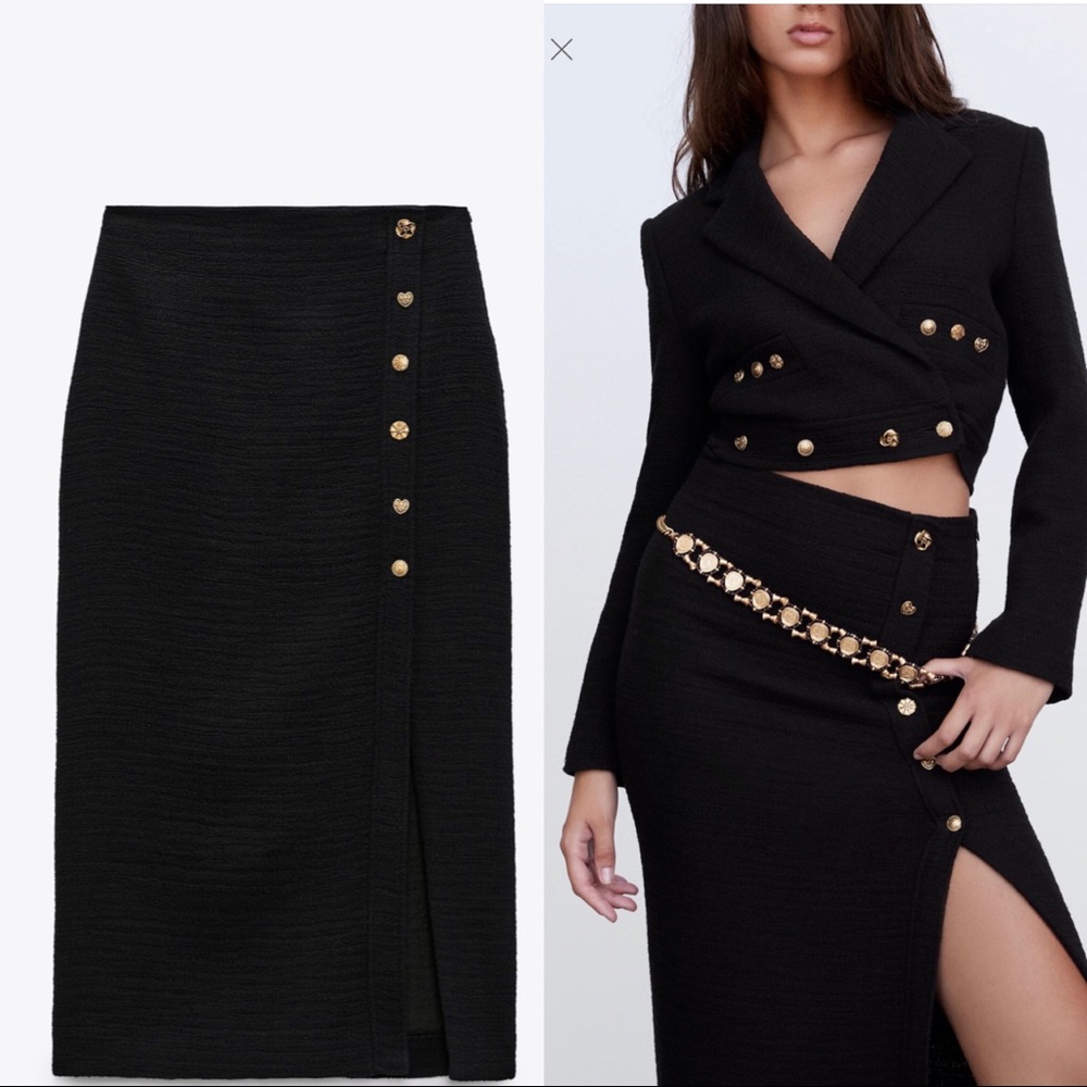 Zara Black Midi Skirt with Gold Button Detail (Medium)